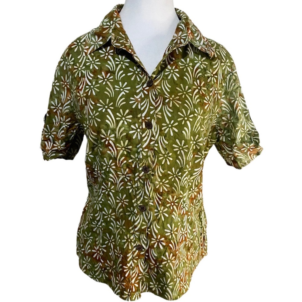 Caribbean Joe Floral Daisy Tropical Button Up Blouse Top Women’s Size Medium